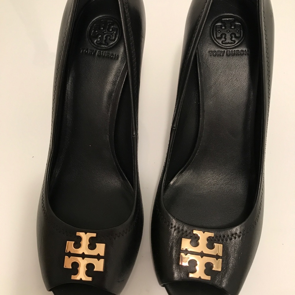 Tory burch open toe wedge pumps
